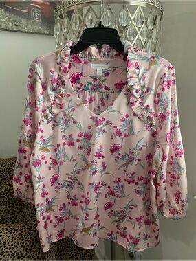 Charter Club Pink Floral Ruffle V-Neck Blouse with Blue & Gold Accents